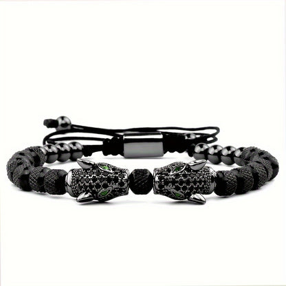 Luxury Leopard Head Men's Bracelet 304 Stainless Steel Bead Bracelet Banlge Adjustable Size Men's Jewelry Gift, Best for Christmas