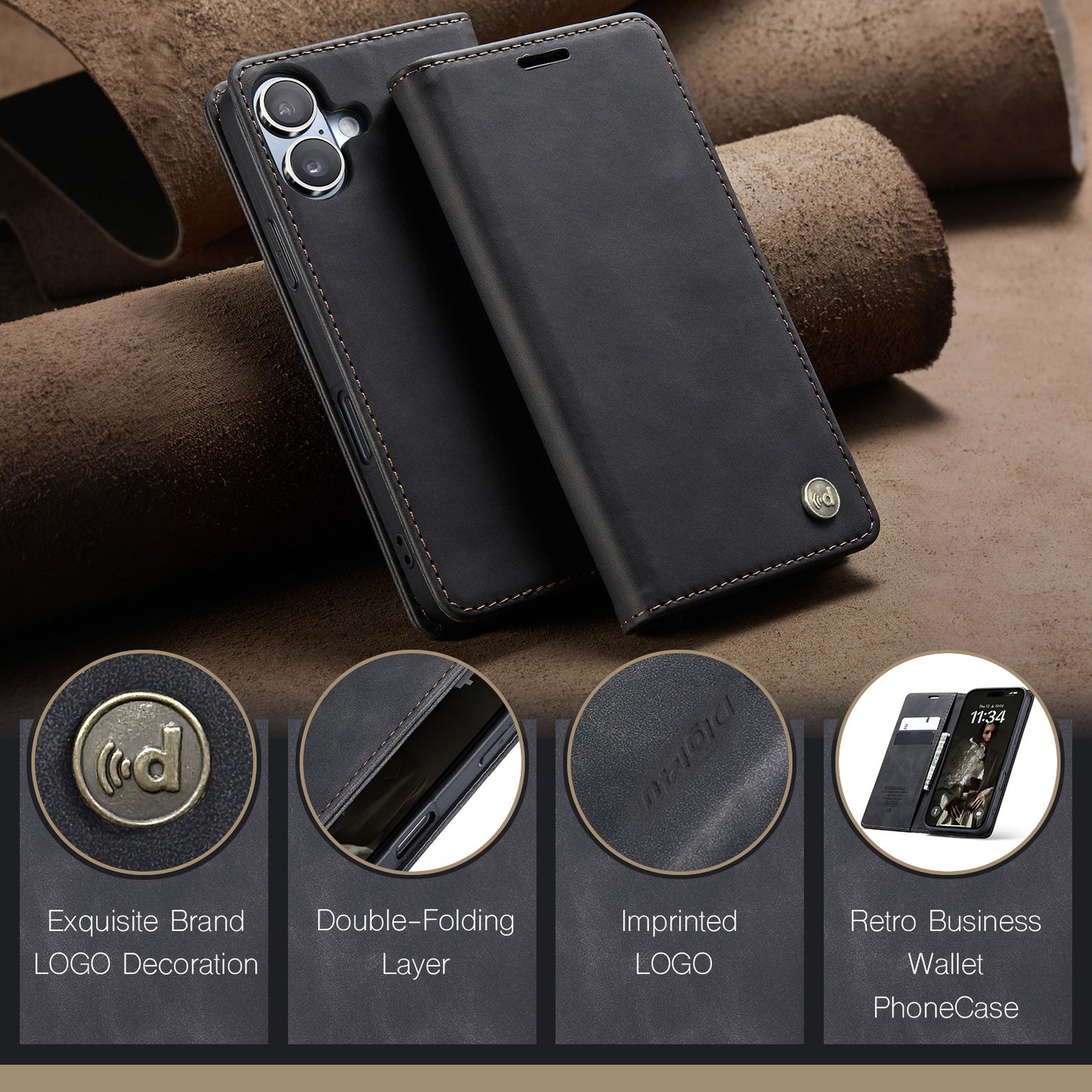 Upgraded Faux Leather Flip Cover Wallet Case For iPhone 16 Plus 16 Pro Max with Card Holder, Magnetic Closure, and Stand Function Phone Case