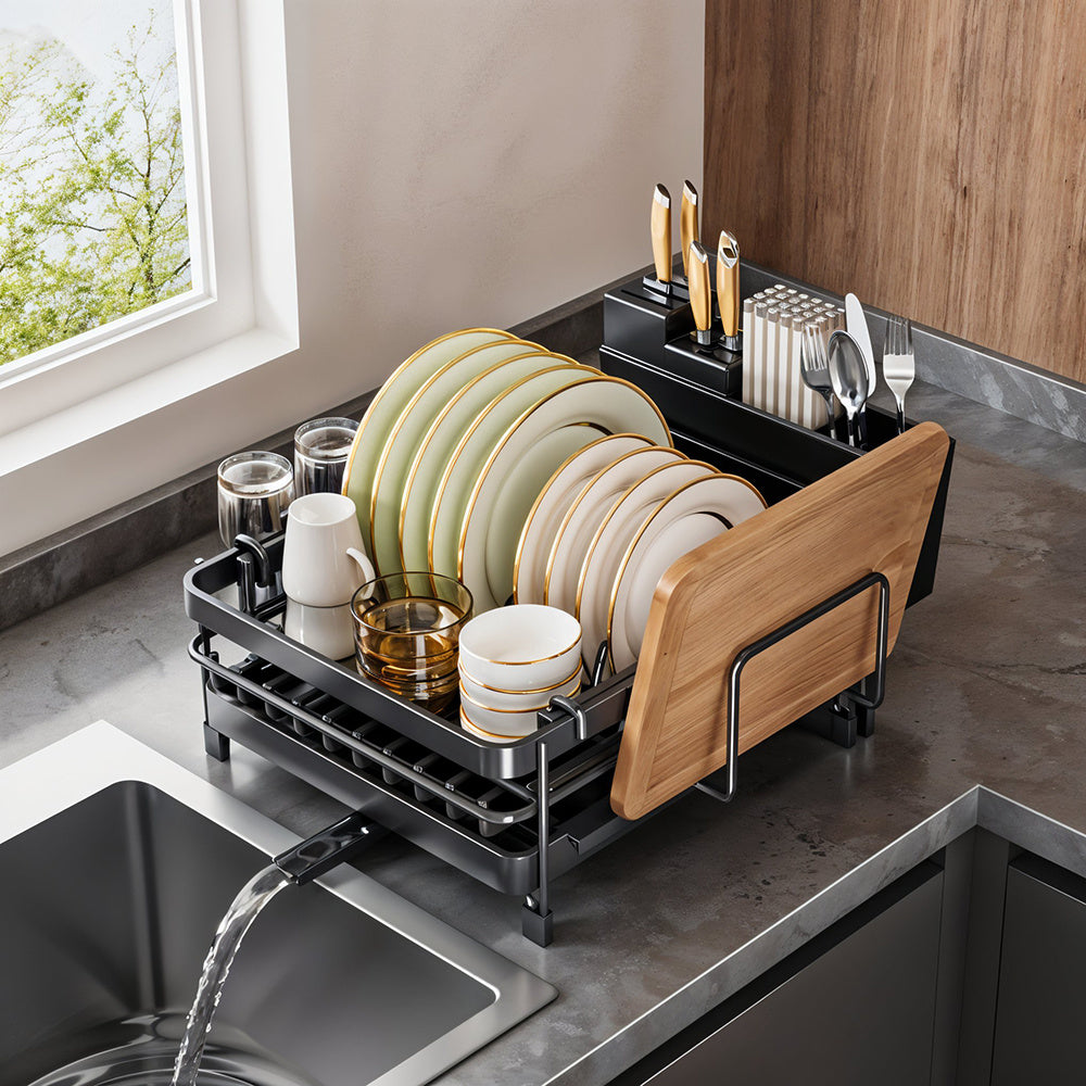 Adjustable Multi-Functional Dish Drainer Rack for the Kitchen, Wrought Iron Kitchen Utensil Rack, Large Capacity Storage Organiser with Drain Board, Utensil Rack, and Cup Hooks, Foldable Design to Save Space, Ideal for Drying Plates, Bowls, Pots, and Uten