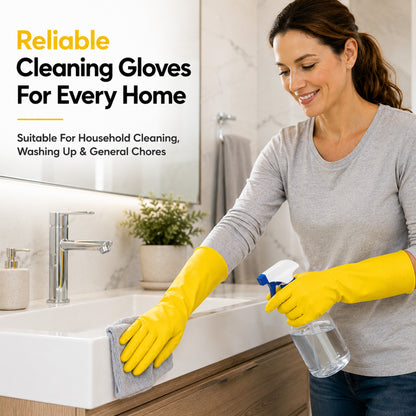 12 Pairs Medium Household Gloves | Yellow Durable Rubber Gloves for Cleaning | Waterproof Latex Washing Up Gloves with Non-Slip Grip | Comfortable Flock-Lined Gloves for Kitchen & Bathroom Use