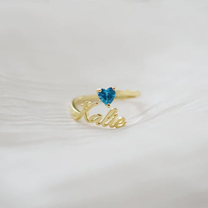 Personalized Heart Birthstone Ring, Custom Birthstone Golden Name Ring, Stainless Steel Elegant Nameplate Open Ring, Best Birthday Gift for Her, Birthstone Jewelry, Light Issues May Cause Color Differences in Birthstones