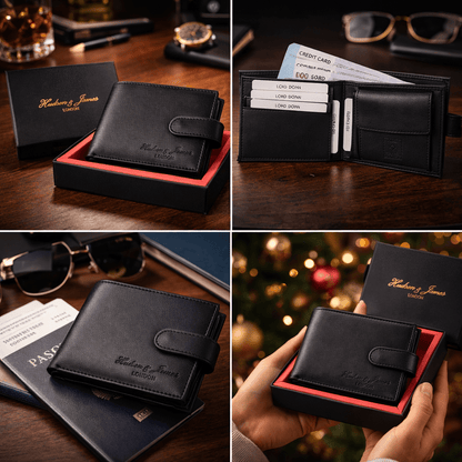 Mens Genuine Leather Wallet Black RFID Blocking Soft Bi Fold Card Slots and Coin Pocket