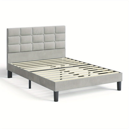 Velvet Bed Frame with Headboard & Wooden Slats | No Box Spring | No Pillow Gap | 30-Min Tool-Free Assembly | Single Double King Super King | Light Grey Platform Bed