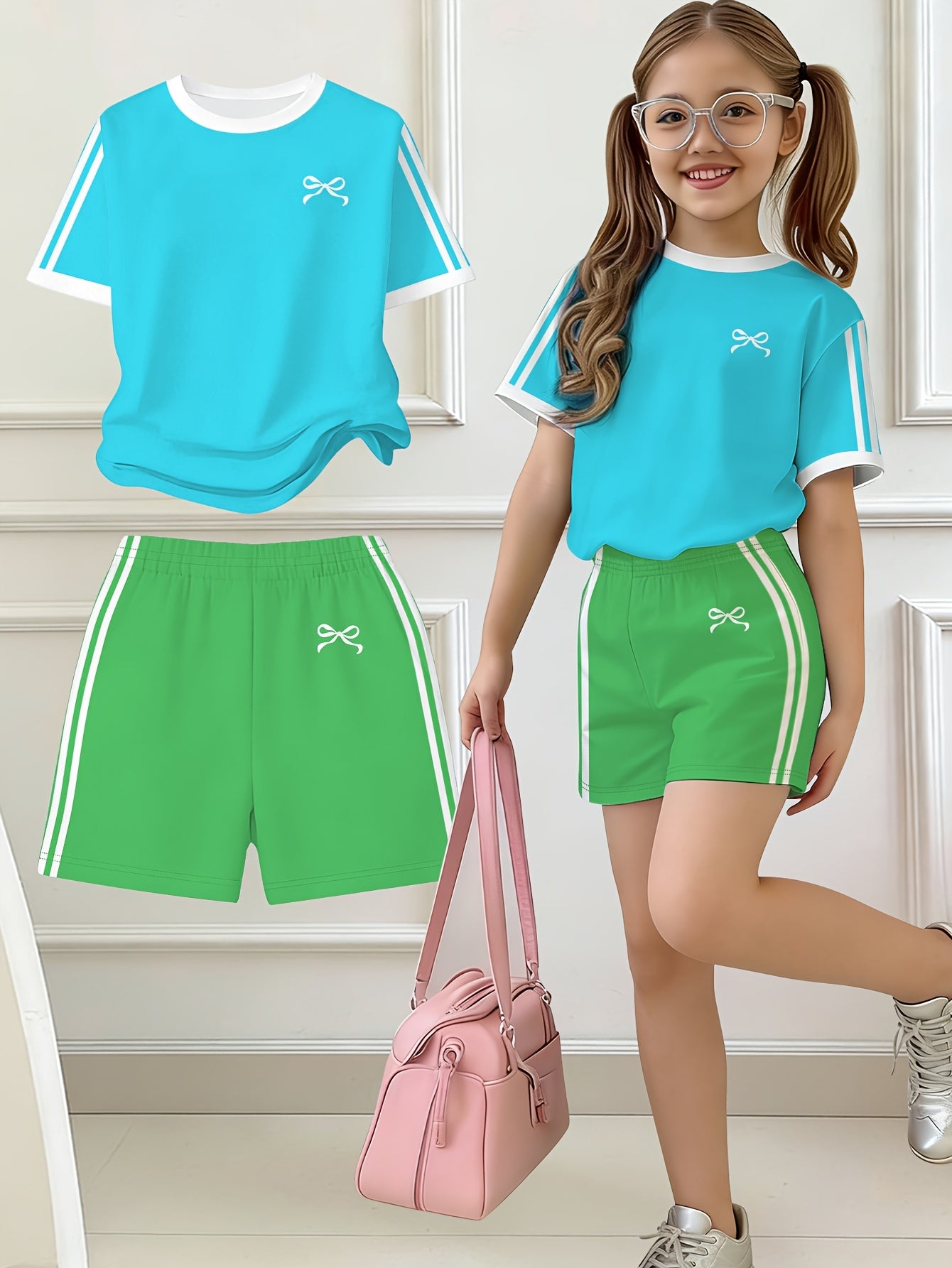 2pcs Set, Easy Bow Print Short Sleeve T-Shirt And Shorts Set, Star Style, Suitable for Spring And Summer, Back-To-School Outfit, Y2K Fashion, Campus Activities, Comfortable Casual, Fashionable And Playful, Hippie Style, Retro Sweet American Style