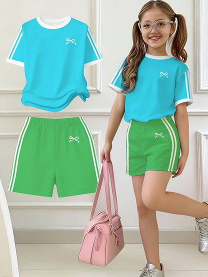 2pcs Set, Easy Bow Print Short Sleeve T-Shirt And Shorts Set, Star Style, Suitable for Spring And Summer, Back-To-School Outfit, Y2K Fashion, Campus Activities, Comfortable Casual, Fashionable And Playful, Hippie Style, Retro Sweet American Style