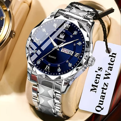 1 New Stainless Steel Band Men'S Quartz Watch Roman Numeral Dial Inlaid with Rhinestones Date Calendar Trendy Fashion Easy Brand Luxury Luminous Sports Leisure Life Travel Business Multi-Function Watch Birthday Gift Holiday Gift Gift Ideal Choice