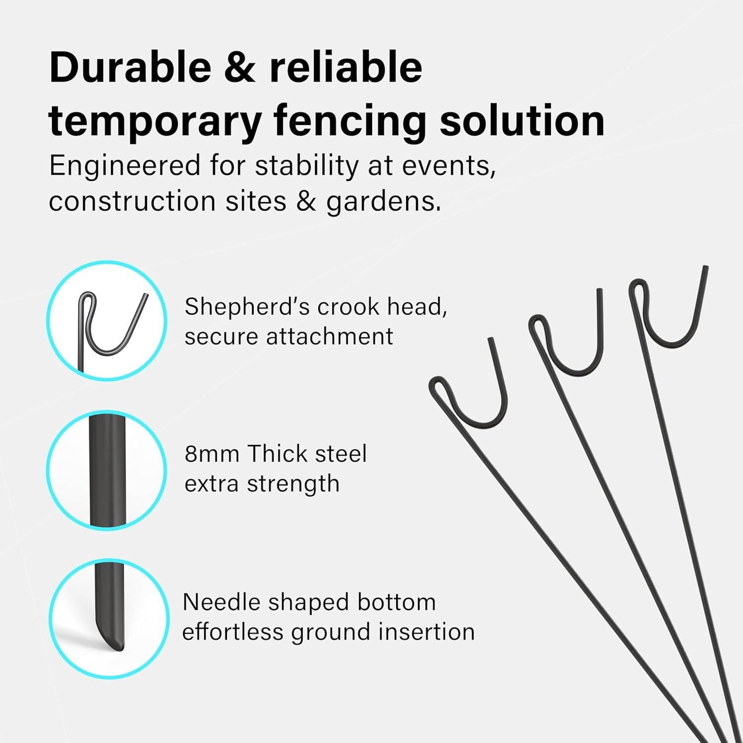 Fencing Pins & Stake with 1.5m, 8mm, 10 Pack, Steel 1.5m Temporary Garden Fence Stakes - product gallery image 2