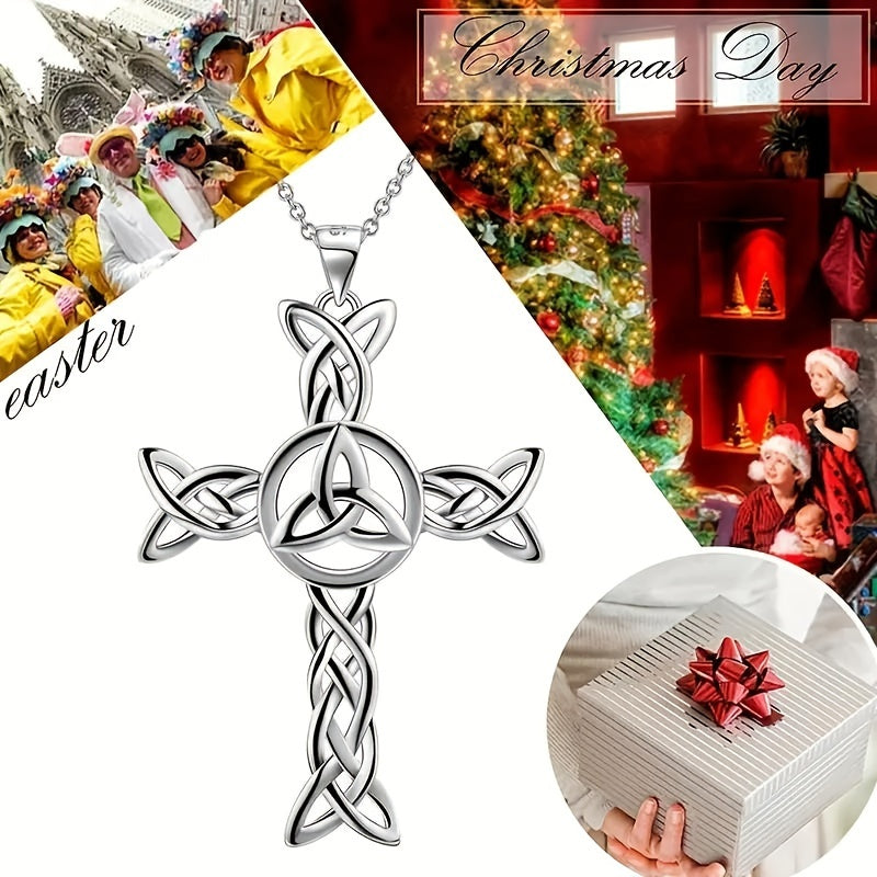 925 Sterling Silver Celtic Knot Cross Pendant Necklace, Spiral Trinity Knot Necklace Triangle Pendant X Necklace, Suitable For Valentine'S Day, Halloween, Anniversary, Various Festivals, Special Occasions, Boutique Gift Box