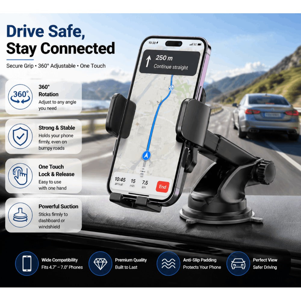 Car Phone Mount with Suction Cup & Quick-Release Button, Anti-Shake Flexible Long Arm Dashboard Holder for Hands-Free Navigation – Universal 360° Windscreen & Dashboard Phone Cradle for UK Drivers