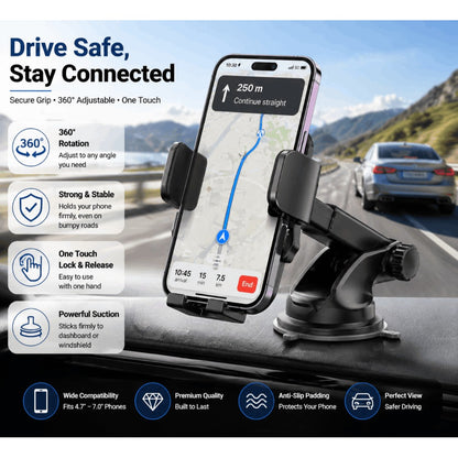 Car Phone Mount with Suction Cup & Quick-Release Button, Anti-Shake Flexible Long Arm Dashboard Holder for Hands-Free Navigation – Universal 360° Windscreen & Dashboard Phone Cradle for UK Drivers