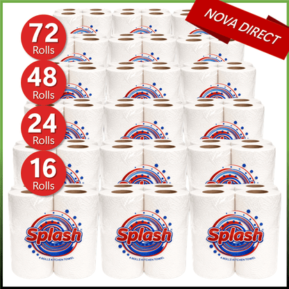 Kitchen Towels. Splash 2-ply Quilted Paper Rolls. . Responsibly Sourced. Strong. 10m per Roll