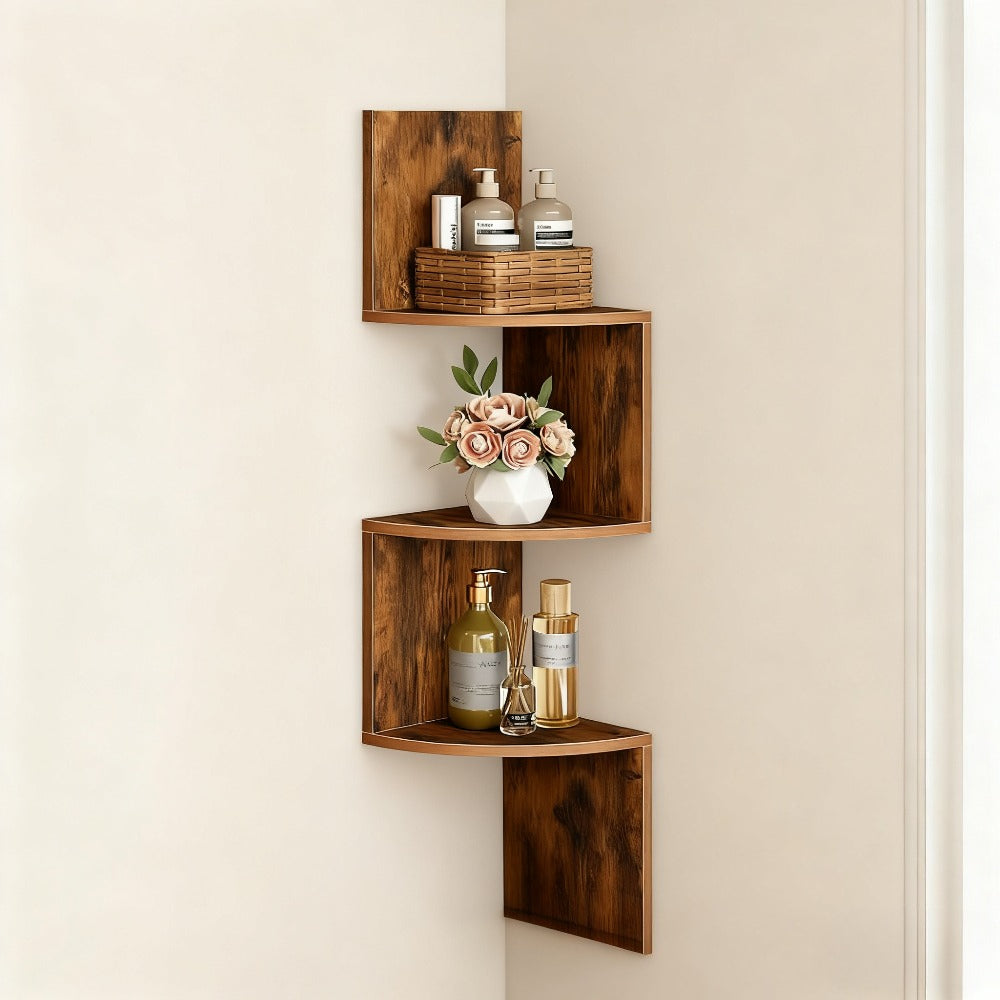 Three-Tier Rustic Corner Wall Shelf with Curved Platforms - main product view