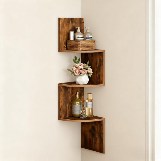 3-Tier Wooden Wall Shelf - Space-Saving Corner Storage Rack for Bedroom, Living Room, Kitchen & Bathroom - Durable Wooden Organizer with 3 Shelves, Easy Installation, Storage Display Stand