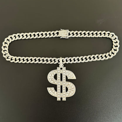 Large and Heavy US Dollar Symbol Pendant,  18K Gold Plated Alloy 18K Gold Plated-plated Cuban Chain Necklace with 12mm Full, Men's Hip-hop Style Ring Combination