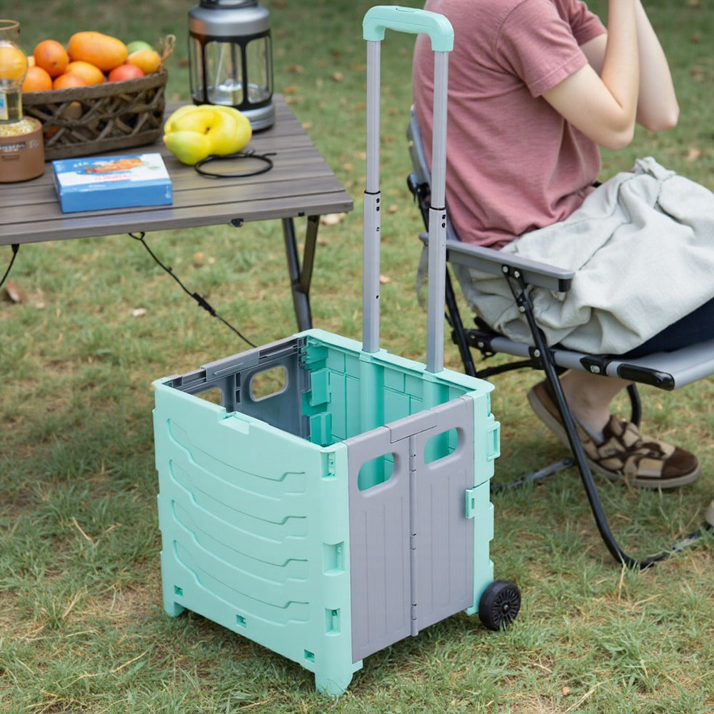 Foldable Shopping Trolley on Wheels with Large Capacity Storage Box – Portable Folding Cart for Grocery, Camping, Travel & Moving, Adjustable Handle, Grey & Green