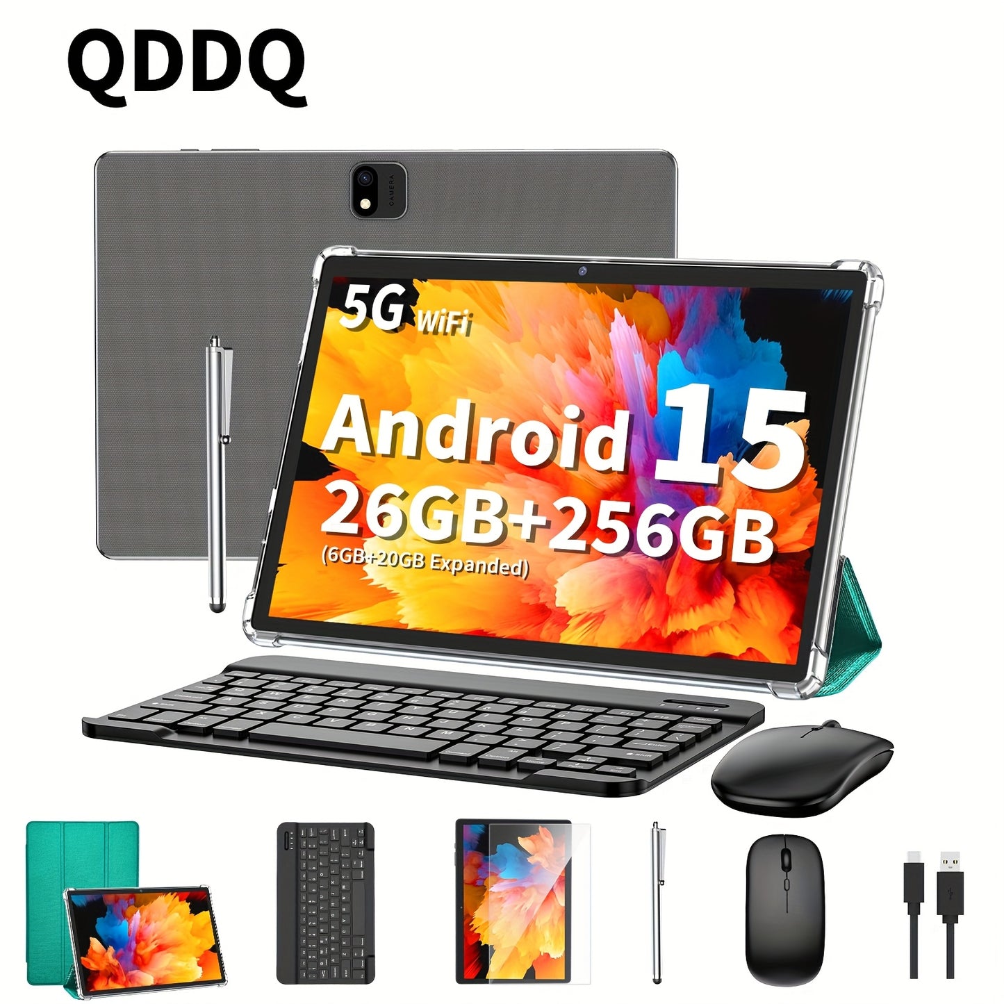 QDDQ 10.1"Android 15 Tablet, 2-In-1 Tablet with Keyboard, Wireless Mouse, Case, Stylus, 26GB(6+20GB Expanded) for RAM, 256GB Storage, Supports Expansion of 1TB (TF Card Not Included), FHD IPS LED Screen, 5+8MP Dual Camera, Wireless, Tablet, Pad