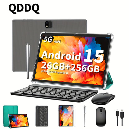 QDDQ 10.1"Android 15 Tablet, 2-In-1 Tablet with Keyboard, Wireless Mouse, Case, Stylus, 26GB(6+20GB Expanded) for RAM, 256GB Storage, Supports Expansion of 1TB (TF Card Not Included), FHD IPS LED Screen, 5+8MP Dual Camera, Wireless, Tablet, Pad