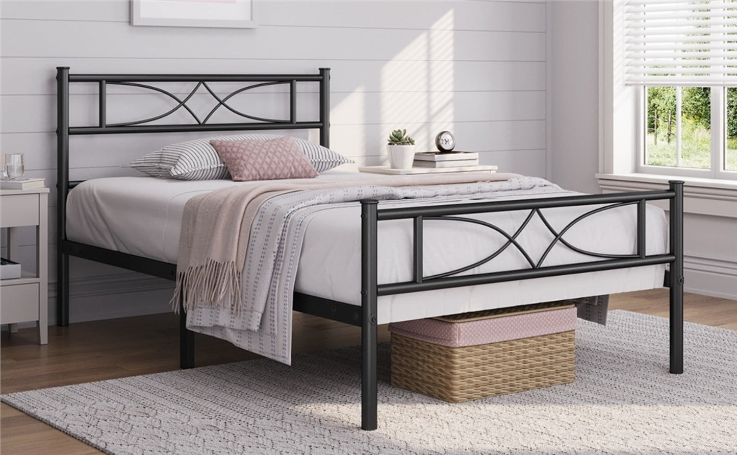 Curved Headboard Metal Bed Frame Platform Bed Vintage Style Built-in Steel Slats 32cm Underbed Storage No Box Spring Needed Single Double King Black White
