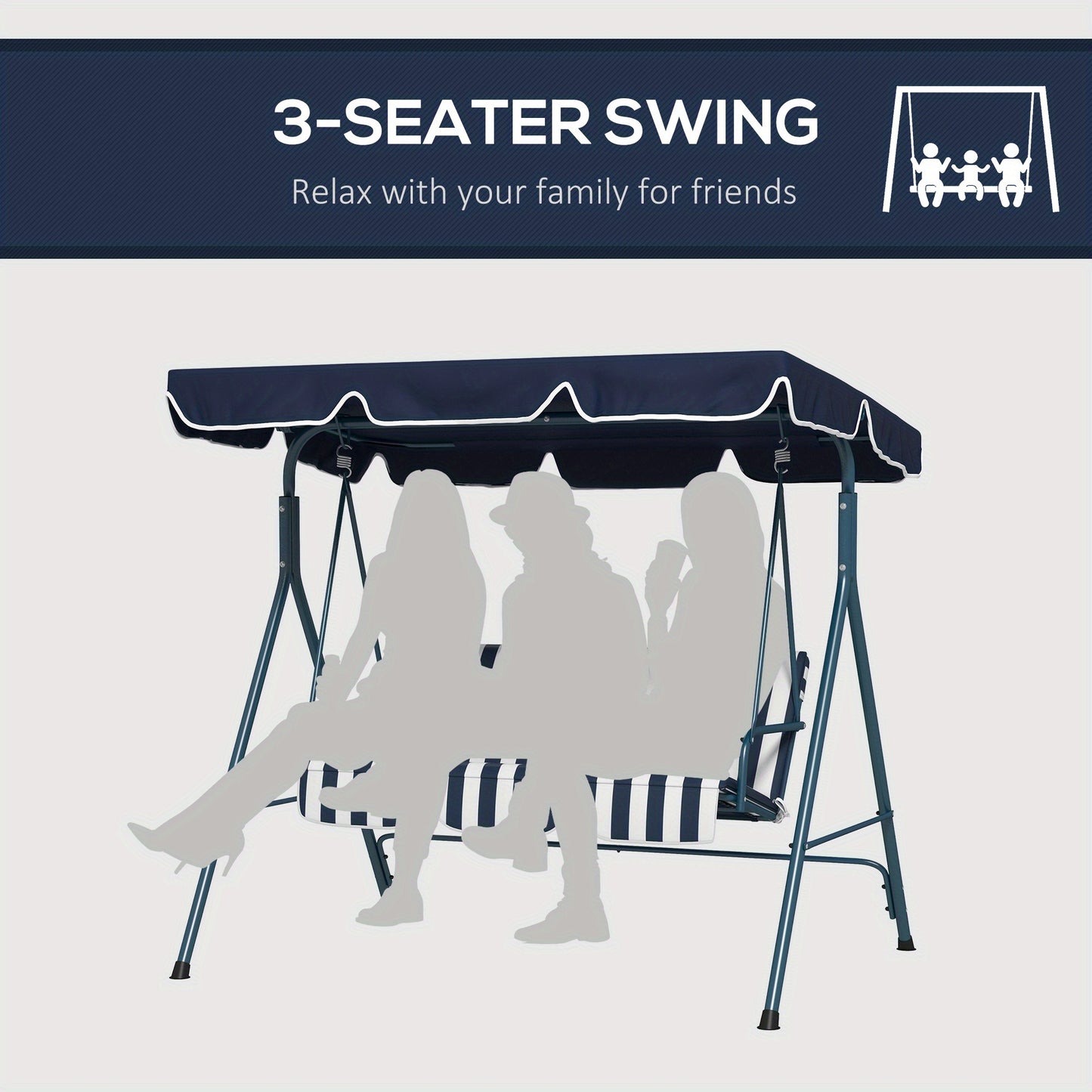 Three-Person Swing Chair Featuring an Adjustable Canopy, a Garden Swing Seat with a Steel Frame, And a Padded Seat in Blue And White