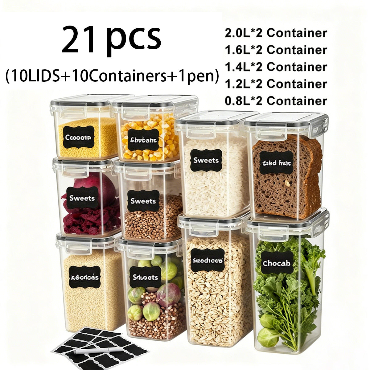 49pcs/21pcs Plastic Food Storage Containers with Gull-Wing Lids & Lids Suitable for Snacks, Noodles, Flour - Rectangular Jars with Sealable Lids, Hand-Washable Kitchen Pantry Organizers for Dry Goods Preservation (Jars + Lids + Pen)