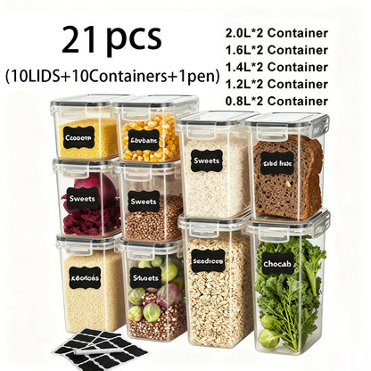 49pcs/21pcs Plastic Food Storage Containers with Gull-Wing Lids & Lids Suitable for Snacks, Noodles, Flour - Rectangular Jars with Sealable Lids, Hand-Washable Kitchen Pantry Organizers for Dry Goods Preservation (Jars + Lids + Pen)