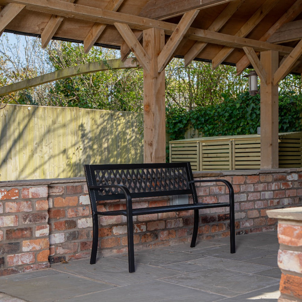 Garden Bench 2 Seater Metal with Lattice Backrest – Keswick Outdoor Patio Bench, Black Powder Coated Weather Resistant Frame, 119cm, Seats 2, Max 220kg