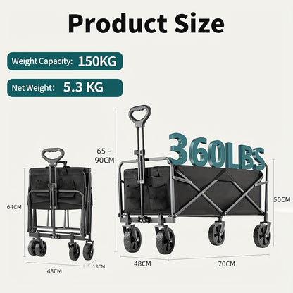 Heavy-Duty 249.48KG Capacity Collapsible Foldable Wagon Cart with All-Terrain Wheels, Stainless Steel Frame & Adjustable Handle - Large Capacity Utility Trolley for Camping, Beach, Gardening, Shopping - Perfect Mother’s Day Gift (Black), Garden Tool Carri