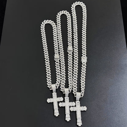 Hip-Hop Plus Size Large Pendant Full Rhinestones Double Layer Thickened Cross Hollow Buckle 14mm Wide Cuban Chain Necklace New Product Creative