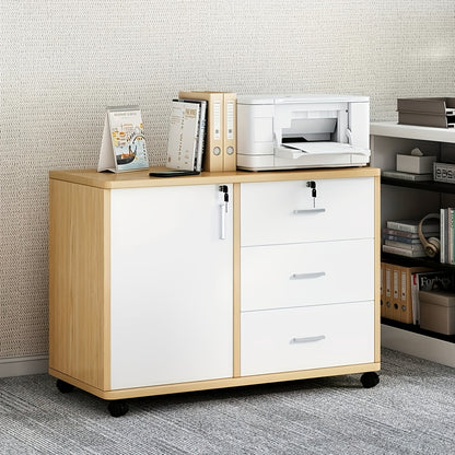 Mobile File Cabinet, 3-Drawer Lockable Filing Cabinets for Home & Office, Printer Stand, Storage Cabinet with Drawers 1 Door 4 Wheels, Office Storage Rolling Office Cabinet