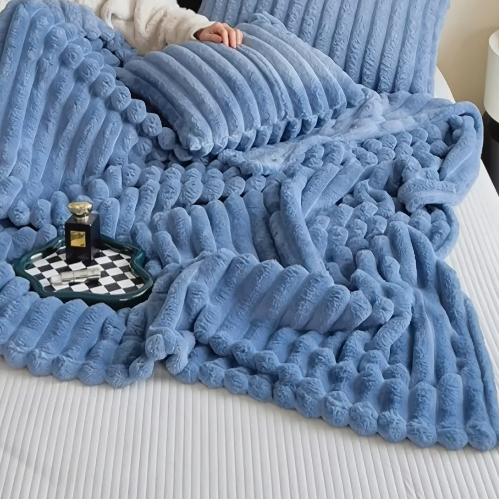 1pc Large Strips Ribbed Throw Blankets | Luxurious 270g Flannel Fleece Blanket | Warm Cozy Blanket Throws For Sofas, Bed, Chair, Couch, Settee | Super Soft Warm Blanket Single Double King Super King Size, Machine Washable, Easy Care, Perfect for Home, Tra