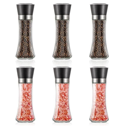Premium 6 Pack Salt and Pepper Grinder Set Glass Body Condiment Mills with Adjustable Coarseness for Himalayan Pink Salt Peppercorns 200ml Capacity