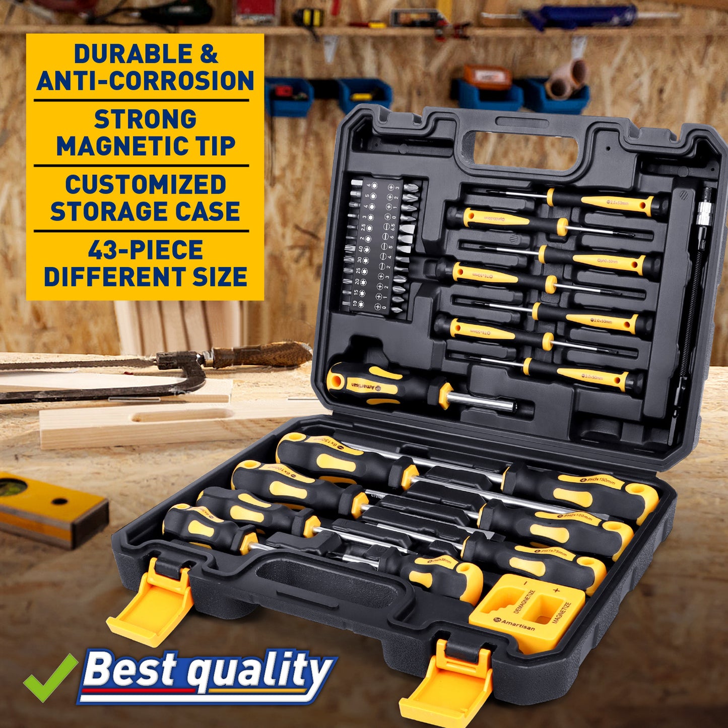Amartisan 43pcs Magnetic Screwdriver Set with Case, Chrome Vanadium Steel, Includes Slotted, Phillips, Hex, Pozidriv, Torx & Precision Screwdrivers, Magnetizer/Demagnetizer, Flexible Shaft for Home Repair, DIY & Professional Use
