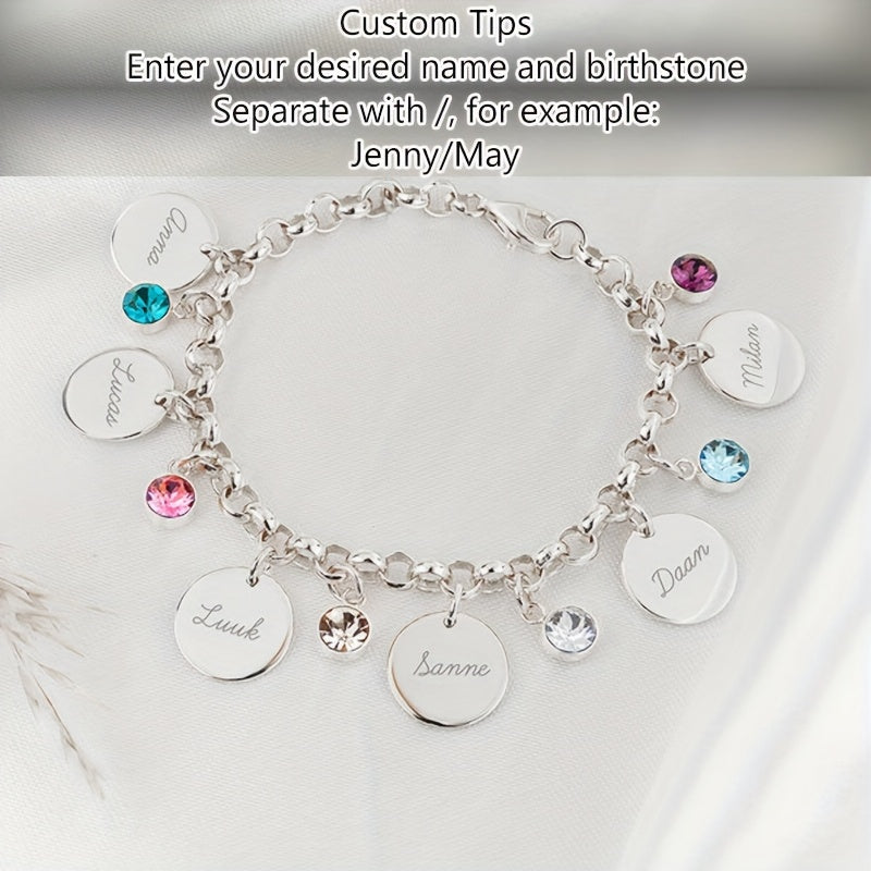 Self-Defined 1-6 Family Name and Birthstone Women's Fashion Bracelet, Personalized Custom Initial Letter and Birth Month Stone Women's Bracelet, 18K Gold Plated Golden-Plated 304L Stainless Steel Durable Material, Accessory Suitable for Daily Casual