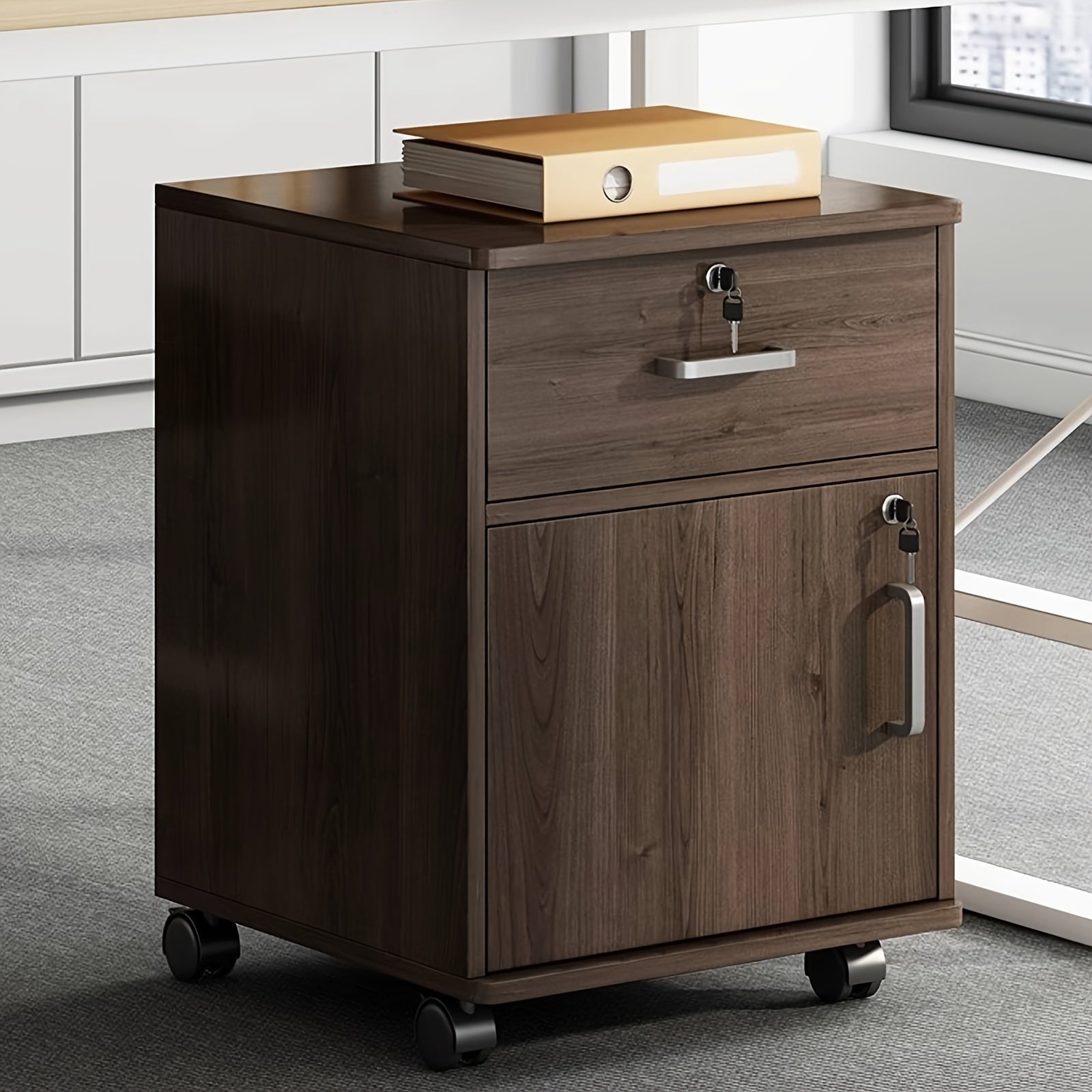 Filing Cabinet with Space-Saving, Pull-Out, Wheels