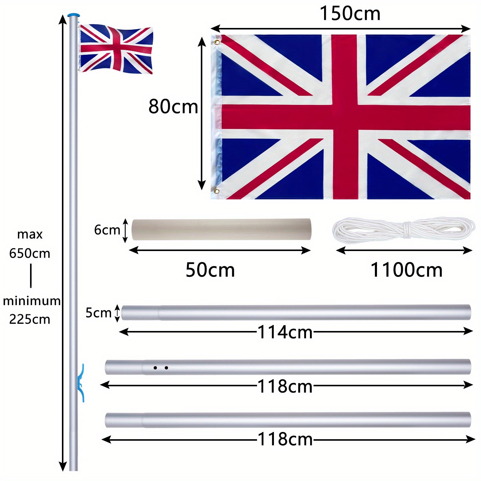 Flag Pole with Adjustable Height, 6.5m, 650cm, Metal, UK - product gallery image 4