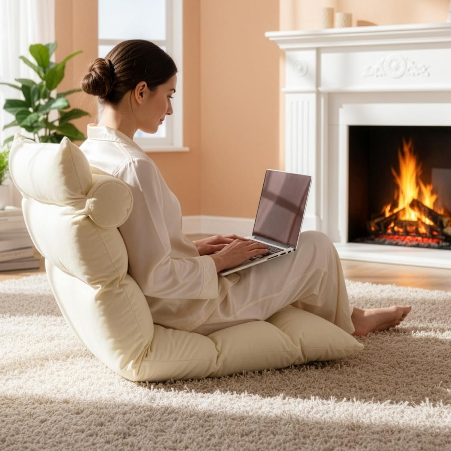 Floor Chair with Foldable, Metal, Back Support 14-Position Adjustable Reclining - White option