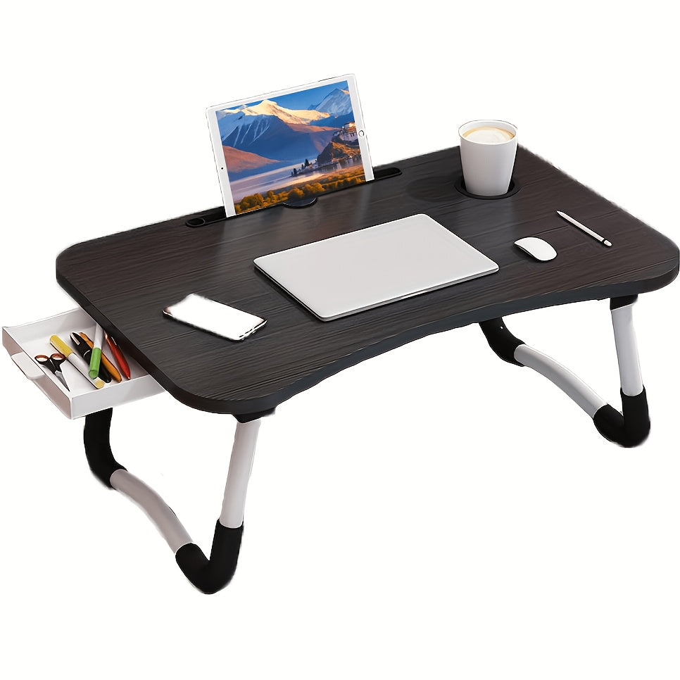 Folding Laptop Table with Foldable, 60cm, Wood, Lap Desk Storage Drawer, Cup Holder - Black option