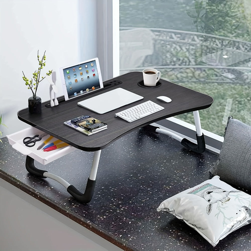 Folding Laptop Table with Foldable, 60cm, Wood, Lap Desk Storage Drawer, Cup Holder - product gallery image 12