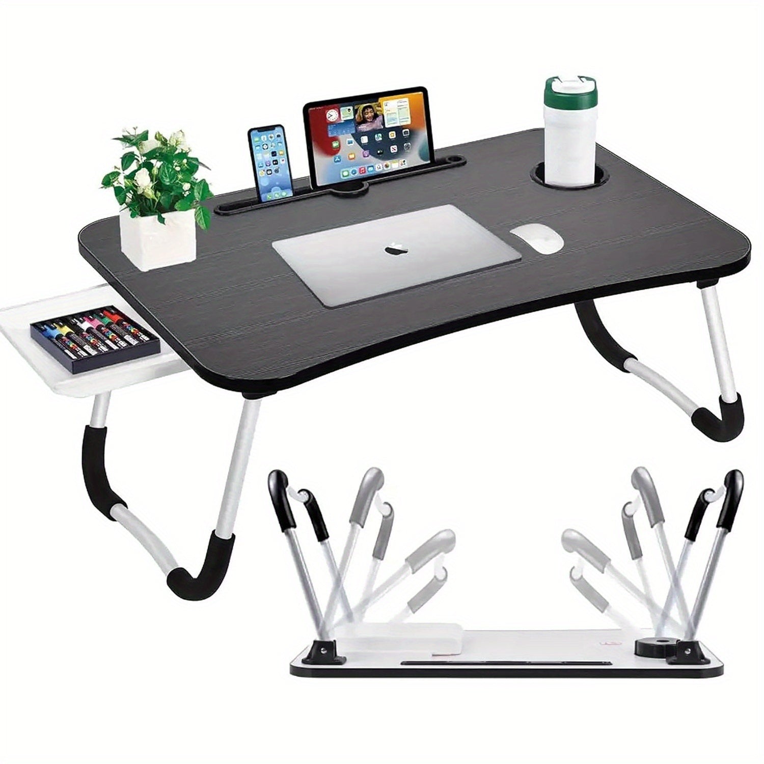 Folding Laptop Table with Foldable, 60cm, Wood, Lap Desk Storage Drawer, Cup Holder - product gallery image 18