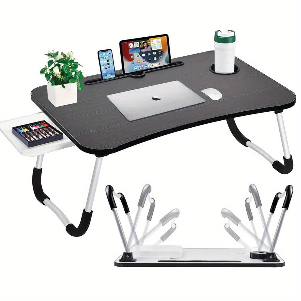 Folding Laptop Table with Foldable, 60cm, Wood, Lap Desk Storage Drawer, Cup Holder - product gallery image 2