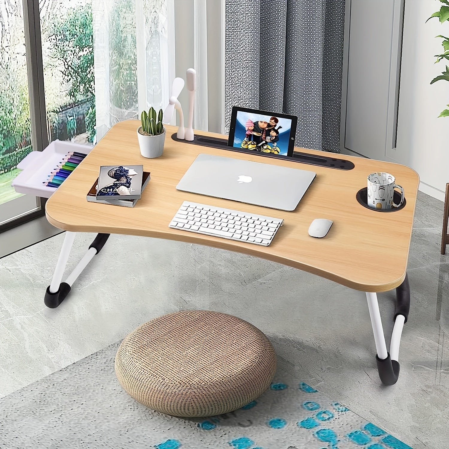 Folding Laptop Table with Foldable, 60cm, Wood, Lap Desk Storage Drawer, Cup Holder - product gallery image 23