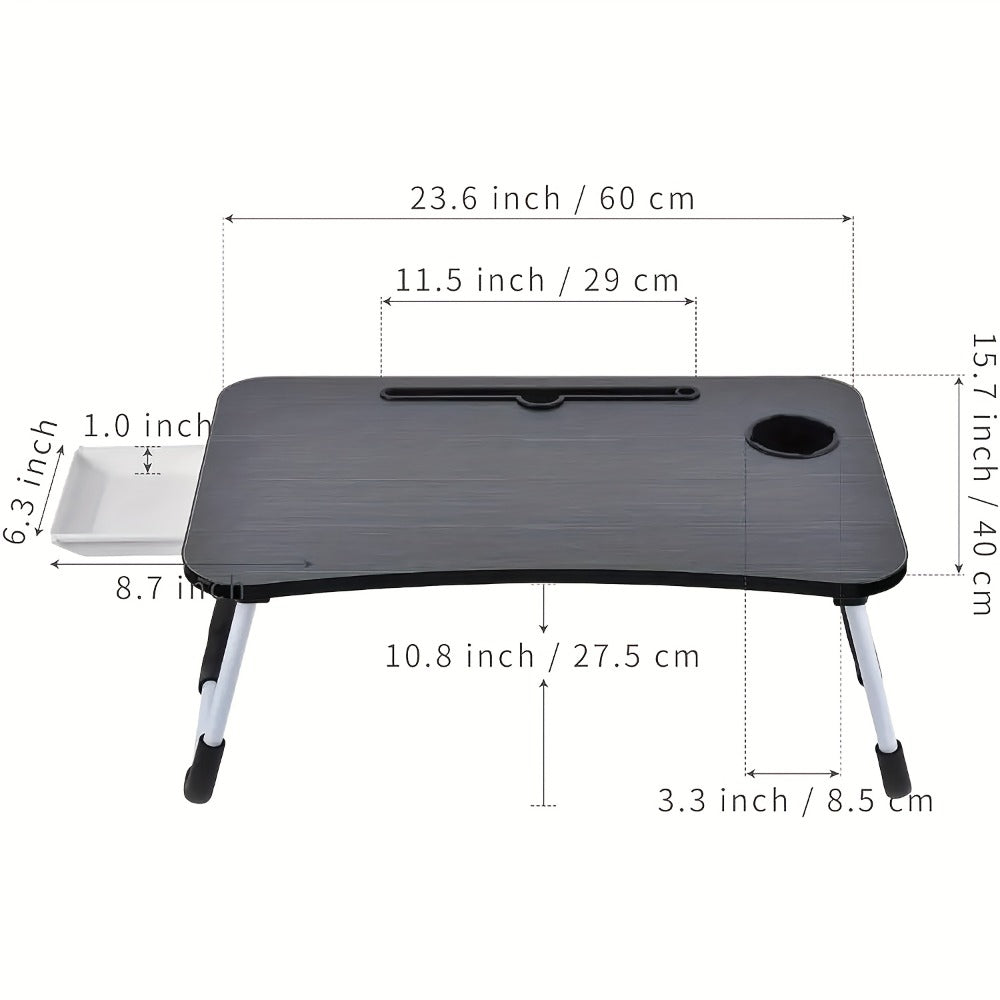 Folding Laptop Table with Foldable, 60cm, Wood, Lap Desk Storage Drawer, Cup Holder - product gallery image 4