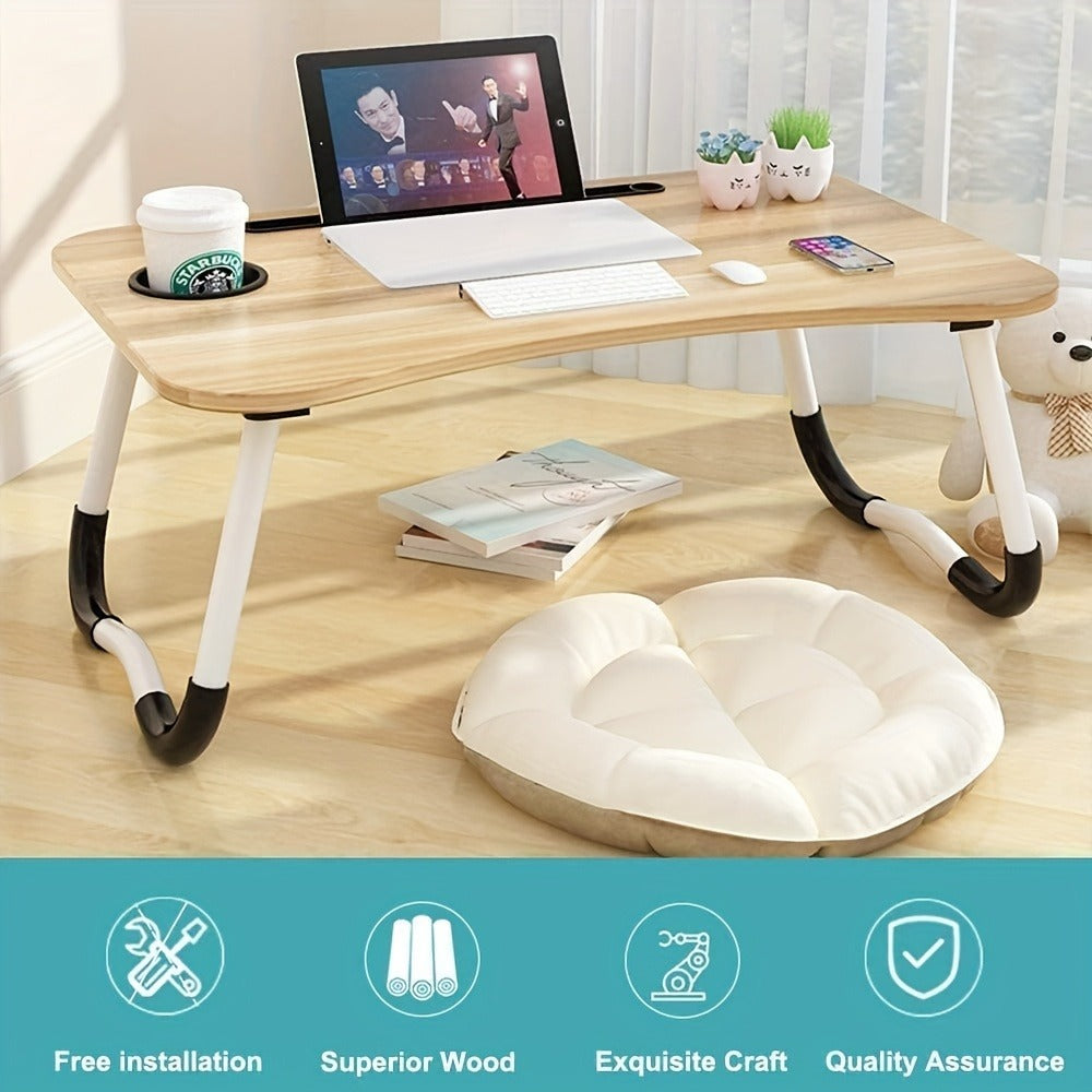 Folding Laptop Table with Foldable, 60cm, Wood, Lap Desk Storage Drawer, Cup Holder - product gallery image 8