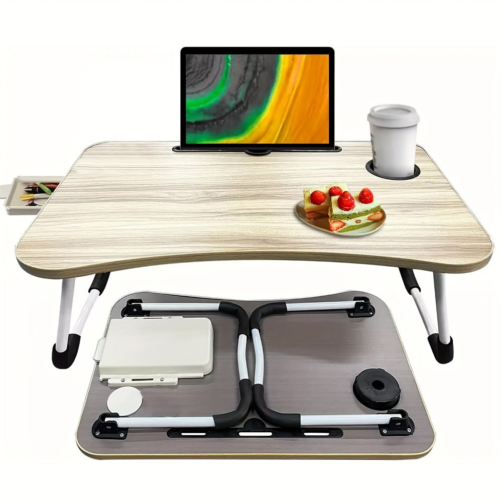 Folding Laptop Table with Foldable, 60cm, Wood, Lap Desk Storage Drawer, Cup Holder