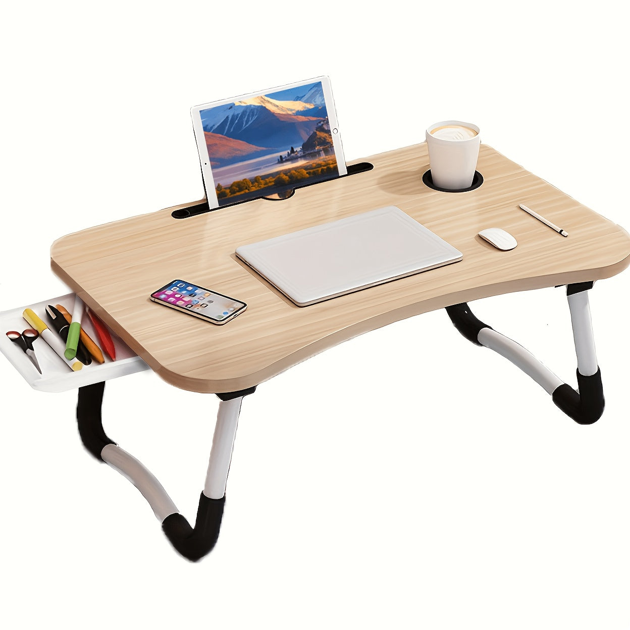 Folding Laptop Table with Foldable, 60cm, Wood, Lap Desk Storage Drawer, Cup Holder - Wood Color option