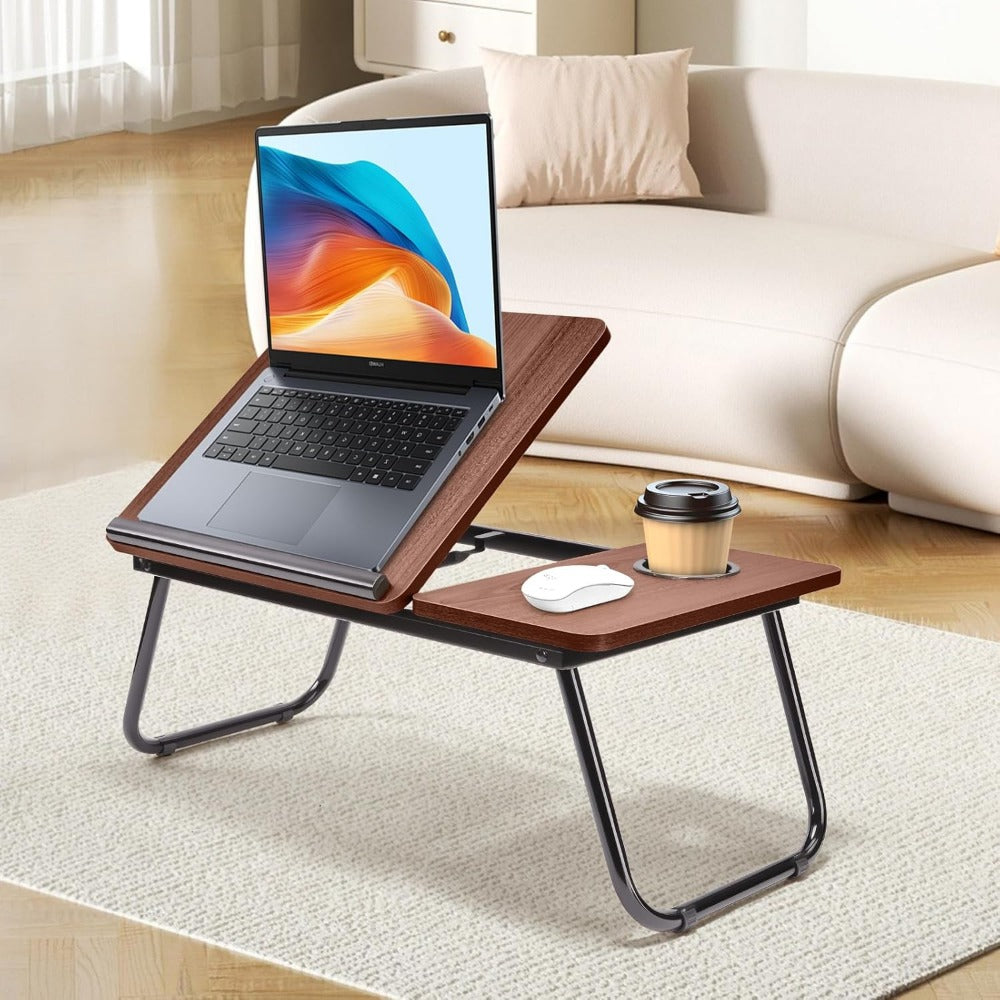 Folding Laptop Table with Foldable, 73cm, Wood, Desk Cup Holder Tilting Top - Dark Wood Grain option