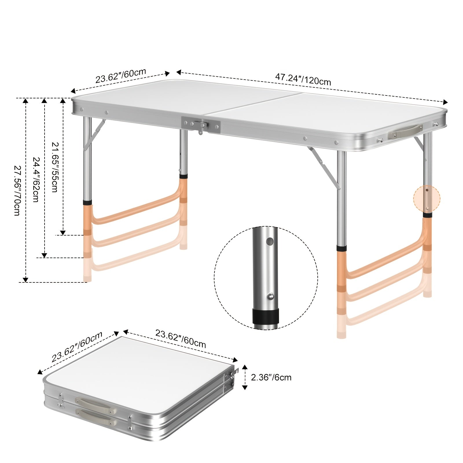 Folding Table with Foldable, Adjustable Height, Lockable, 4ft - 120x60x70/62/55cm - L x W x H option