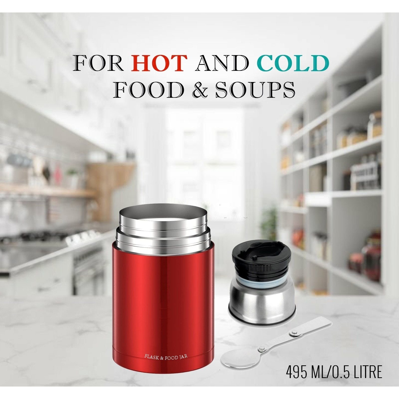 Food Flask with Stainless Steel, Stainless Steel Vacuum Spoon Keeps Warm - Red option