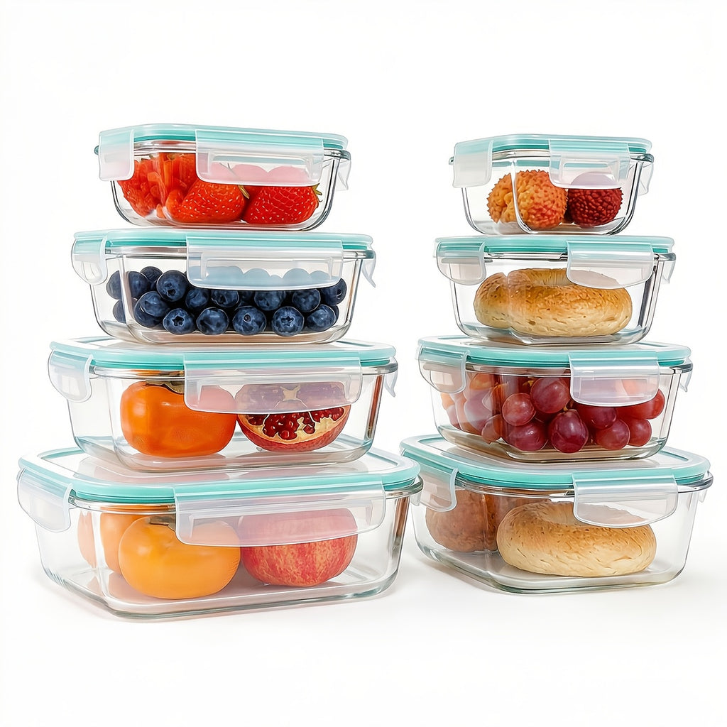 Food Storage Container with Leakproof, Dishwasher-Safe, Glass - 16pcs Green (8 Bowls + 8 Lids) option