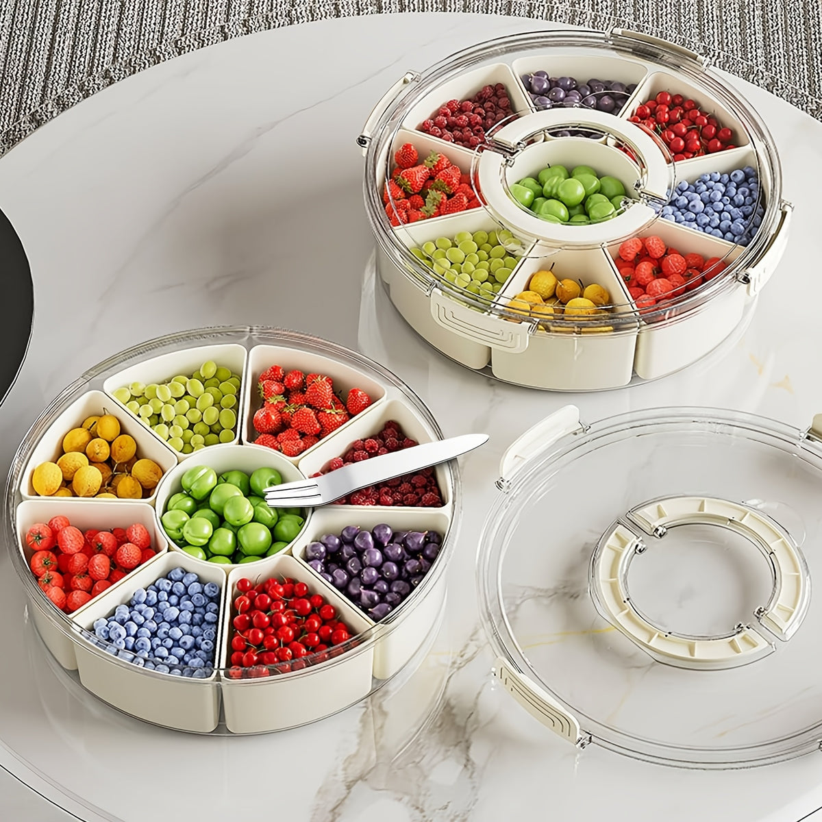 Food Storage Container with Plastic, Divided Serving Tray Lid& Handle, Plastic